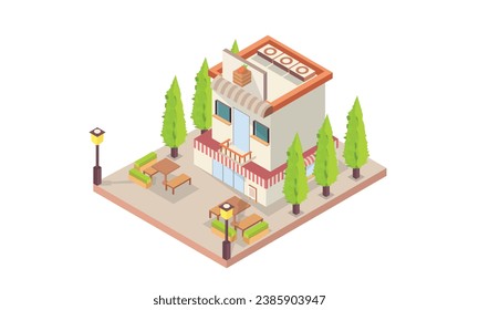 Isometric cafe building with red awnings and outdoor seats and tables.on white background.isometric design. 3D design elements for construction of urban and village landscapes.