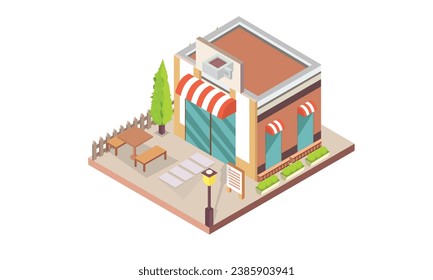 Isometric cafe concept.on white background.isometric design. 3D design elements for construction of urban and village landscapes.
