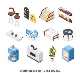 Isometric cafe equipment. Cafeteria or restaurant furniture, bakery food and bar elements. Coffee cups, juice in fridge, chairs flawless vector set