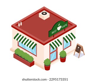 Isometric cafe facade. Building with glass windows and large green sign with silhouette of coffee cup and text. Coffee shop and small business in city. Cartoon vector illustration