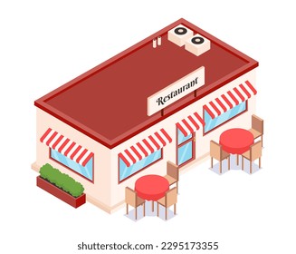 Isometric cafe facade. Building with restaurant sign and tables and chairs outside. Urban infrastructure and architecture, catering. Small business. Cartoon vector illustration