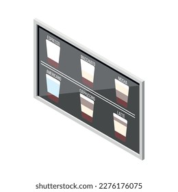 Isometric café elemento interior icono con tipos de menú café afiche 3d ilustración vectorial