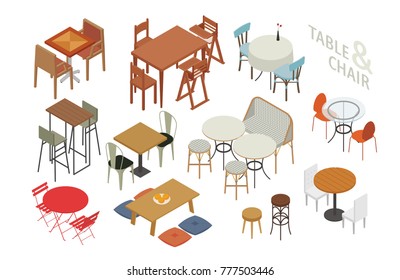 isometric cafe interior table and chair set vector illustration flat design