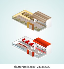 Isometric cafe and other elements. Vector illustration.