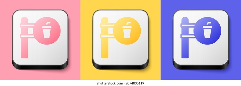 Isometric Cafe and restaurant location icon aislado en el fondo rosa, amarillo y azul. Señal de la horquilla y de la cuchara en el interior del pinpoint. Botón cuadrado. Vector.