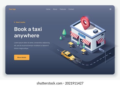 Isometric cafe, road, taxi and location pin. Landing page template.