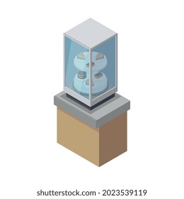 Isometric cafe stand display with desserts 3d vector illustration