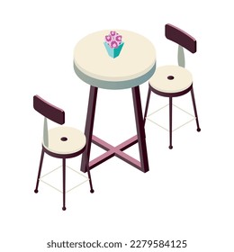 Isometric cafe table with chairs on white background 3d vector illustration
