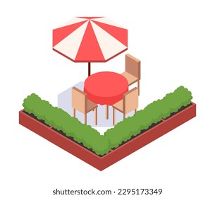 Isometric cafe table. Chairs, table and umbrella next to bushes. Comfortable place on street in cafe or restaurant. Small business and catering, city. Cartoon vector illustration