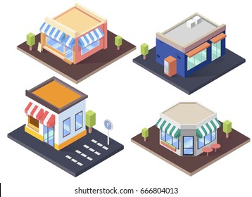  Isometric Cafes, Shop And Supermarket With Awnings.Flat Vector Illustration Set.