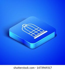 Isometric Cage for birds icon isolated on blue background. Blue square button. Vector Illustration