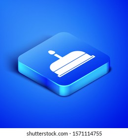 Isometric Cake with burning candles icon isolated on blue background. Happy Birthday. Blue square button. Vector Illustration