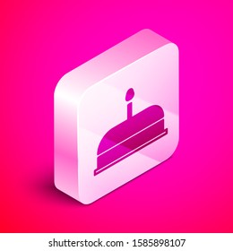Isometric Cake with burning candles icon isolated on pink background. Happy Birthday. Silver square button. Vector Illustration