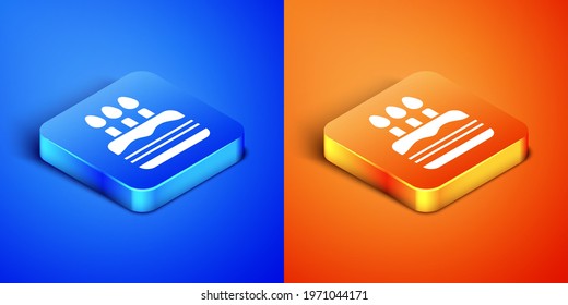 Isometric Cake with burning candles icon isolated on blue and orange background. Happy Birthday. Square button. Vector