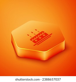 Isometric Cake with burning candles icon isolated on orange background. Happy Birthday. Orange hexagon button. Vector Illustration