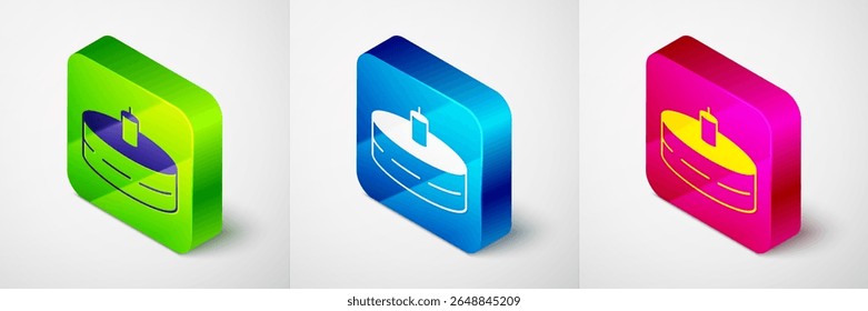Isometric Cake with burning candles icon isolated on grey background. Happy Birthday. Square button. Vector
