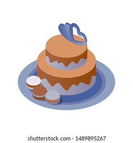 Isometric cake decorated with two hearts and macarons on a plate. Vector isolated on white 3d illustration good for couple engagement and wedding decoration in blue and beige colors
