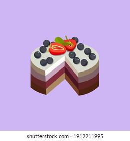 Isometric cake. Homemade cheesecake with fresh berries. Vector illustration 