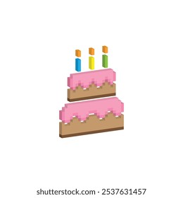 Icono de pastel isométrico 8 bits, icono de pastel de cumpleaños de postre de arte de píxeles logo del juego.