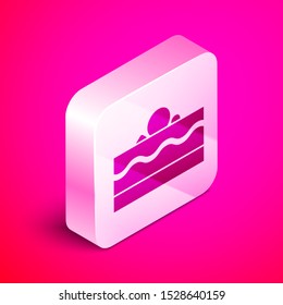 Isometric Cake icon isolated on pink background. Happy Birthday. Silver square button. Vector Illustration