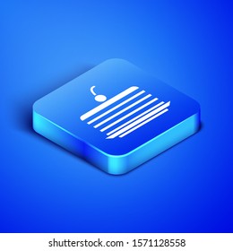 Isometric Cake icon isolated on blue background. Happy Birthday. Blue square button. Vector Illustration