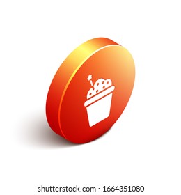 Isometric Cake icon isolated on white background. Happy Birthday. Orange circle button. Vector Illustration