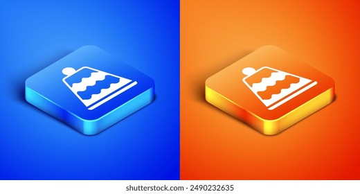Isometric Cake icon isolated on blue and orange background. Happy Birthday. Square button. Vector