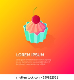 Isometric cake icon in turquoise frame with cherry on top on light background isolated vector illustration