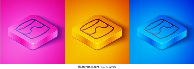 Isometric Cake line icon set isolated on pink and orange, blue background. Happy Birthday. Square button. Vector