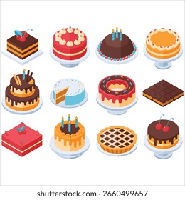 Isometric cake slices dessert vector artwork
