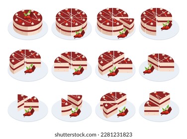 Isometric cake slices. Festive cake cut into pieces, pastry pie various parts, birthday cake constructor 3d vector illustration set. Birthday cake cut into parts