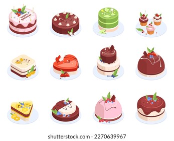 Isometric cakes. Birthday party chocolate, strawberry and vanilla cream cakes, delicious festive desserts 3d vector illustration set. Baked birthday cakes collection