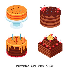 Isometric cakes to holiday birthday of collection. Illustration of sweet bakery and dessert, cream birthday with cherry and berry vector