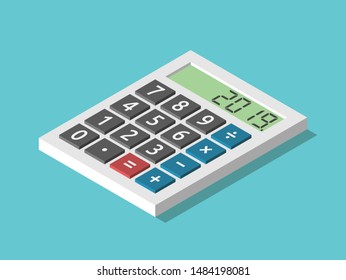 Isometric calculator with 2019 year text on display. Accounting, tax, finance, education, investment, planning, budget concept. Flat design. EPS 8 vector illustration, no transparency, no gradients