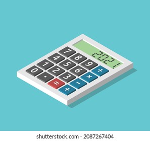 Calculadora isométrica con texto de 2021 años en pantalla. Concepto de contabilidad, tributación, economía, finanzas, inversión y estadísticas. Diseño plano. Ilustración vectorial EPS 8, sin transparencia, sin gradientes
