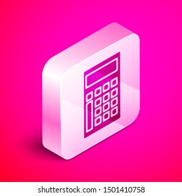 Isometric Calculator icon isolated on pink background. Accounting symbol. Business calculations mathematics education and finance. Silver square button. Vector Illustration