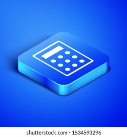 Isometric Calculator icon isolated on blue background. Accounting symbol. Business calculations mathematics education and finance. Blue square button. Vector Illustration
