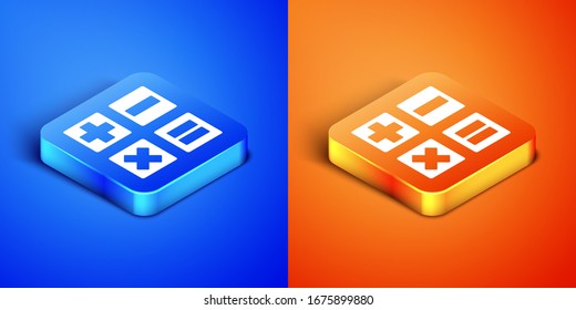 Isometric Calculator icon isolated on blue and orange background. Accounting symbol. Business calculations mathematics education and finance. Square button. Vector Illustration