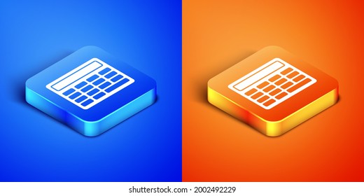 Isometric Calculator icon isolated on blue and orange background. Accounting symbol. Business calculations mathematics education and finance. Square button. Vector Illustration
