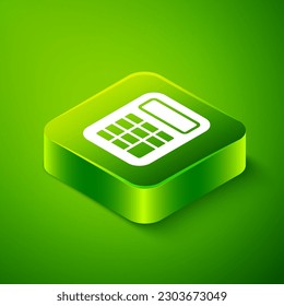 Isometric Calculator icon isolated on green background. Accounting symbol. Business calculations mathematics education and finance. Green square button. Vector