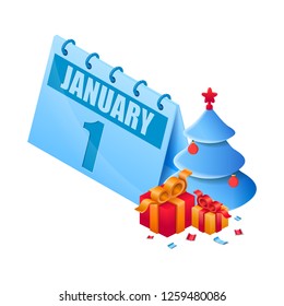 Isometric calendar with 1 january. New yaer calendar with christmas tree with star and toy, gift with bow and colorful confetti in isometric