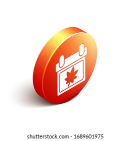 Isometric Calendar with autumn leaves icon isolated on white background. Orange circle button. Vector Illustration