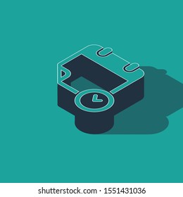 Isometric Calendar and clock icon isolated on green background. Schedule, appointment, organizer, timesheet, time management, important date.  Vector Illustration