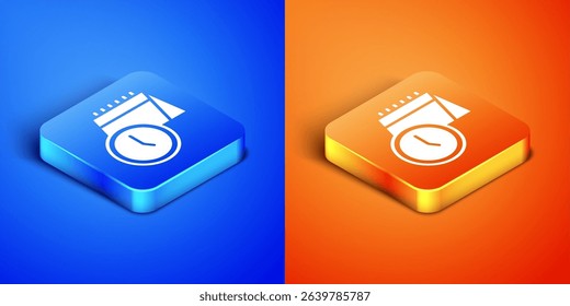 Isometric Calendar and clock icon isolated on blue and orange background. Schedule, appointment, organizer, timesheet, time management. Square button. Vector