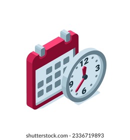 iconos isométricos del calendario y del reloj en fondo blanco, tiempo de negocio o plazo