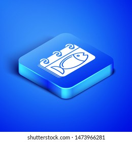 Isometric Calendar with a fish icon isolated on blue background. Day of fish. Blue square button. Vector Illustration
