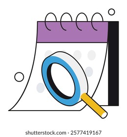 Isometric calendar with graph and magnifying glass, designed for event planning tools, performance reviews, and market analysis.