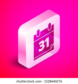 Isometric Calendar with Halloween date 31 october icon isolated on pink background. Happy Halloween party. Silver square button. Vector Illustration