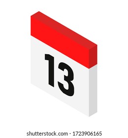 Isometrisches Kalendersymbol Datum 13. Freitag, 13. Tag mit Nummer 13. Vektorgrafik. 3D-Stil