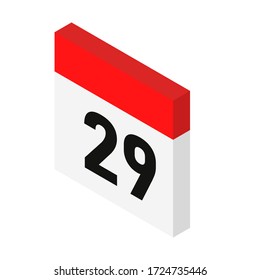 Isométrico calendario fecha 29 Día con el número 29. Ilustración vectorial. 3.ᵉʳ estilo